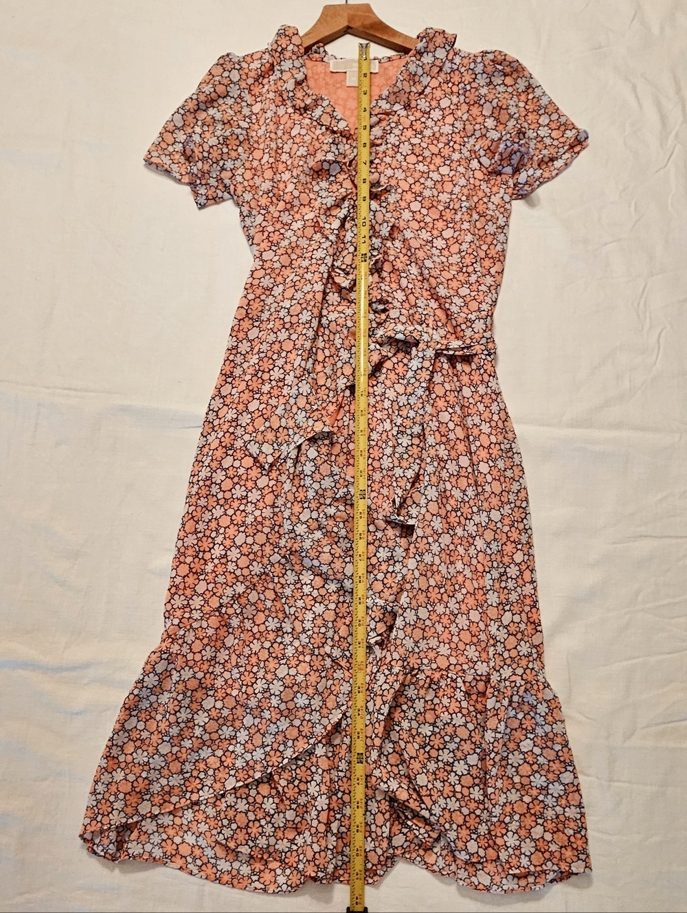 Michael KORS Ruffled Coral Pink Floral Wrap Midi Dress XS - Picture 4 of 5